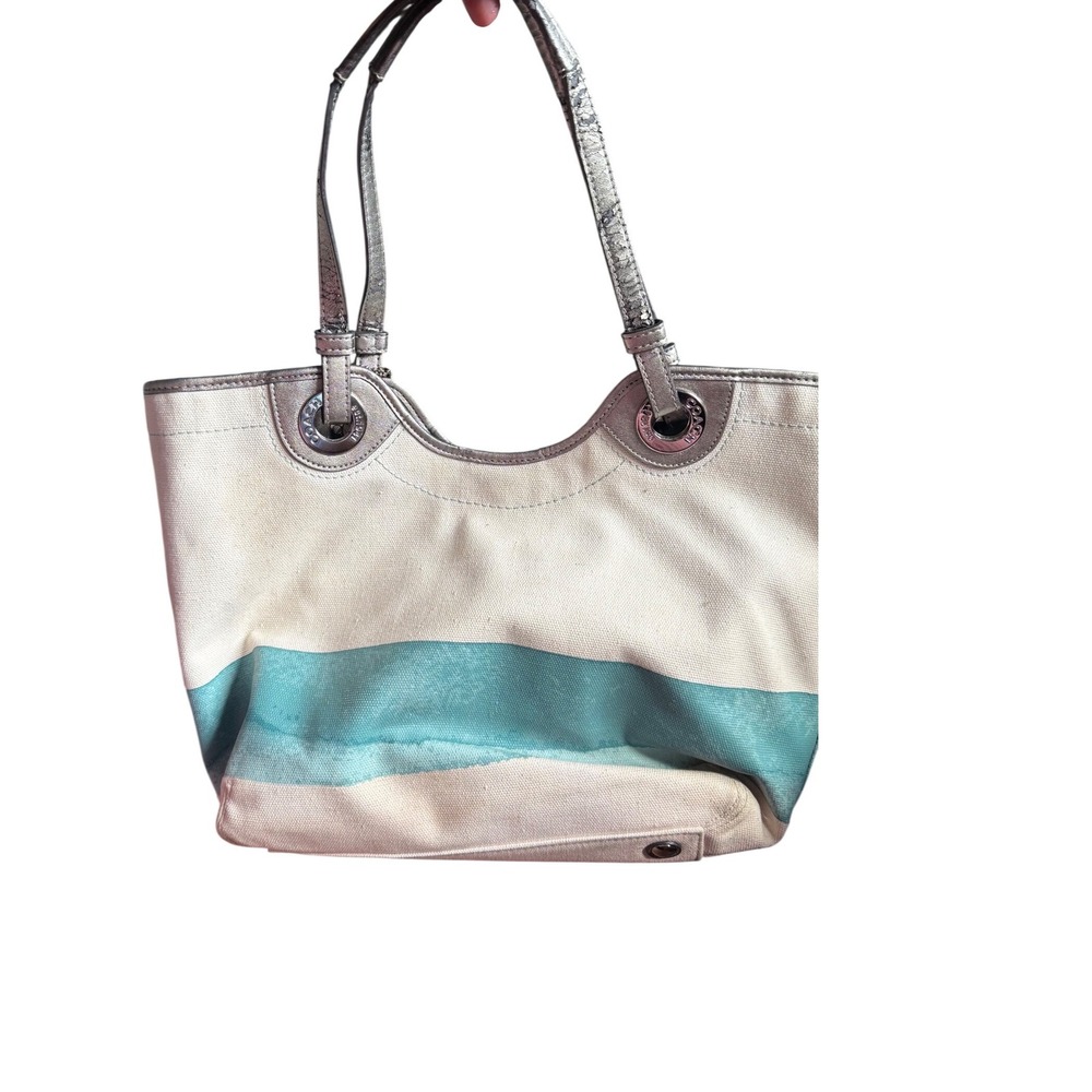 Coach Starfish Beach Canvas Tote Bag Silver Metallic Leather Trim F19212 - Picture 2 of 13